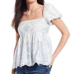 ANTONIO MELANI CONSTANCE BLOUSE EYELET EMBROIDERED FLORAL WHITE SKY BLUE SIZE 4